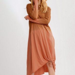 Umgee Ombre Front Knot Detail Long Sleeve Midi Dress with Raw Hem